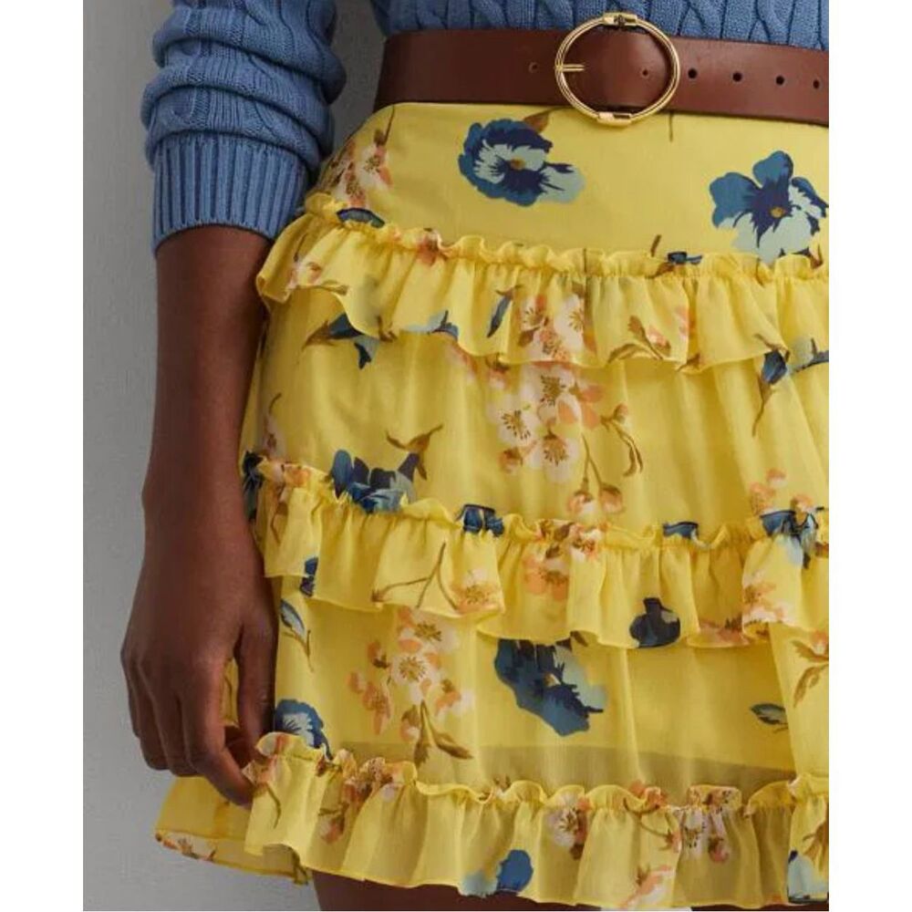 Ralph Lauren Yellow Floral Tiered Ruffle Skirt Size 8 New